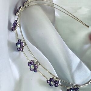 Elegant 7 Purple Crystal Flowers & Silver Rhinestone Headband NWT